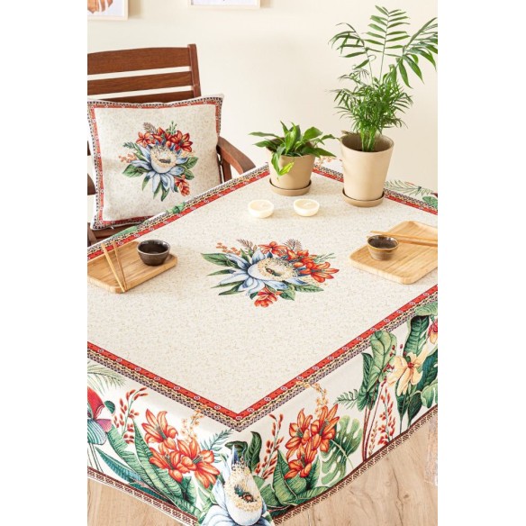 Jacquard tablecloth with flower beige background LOTUS