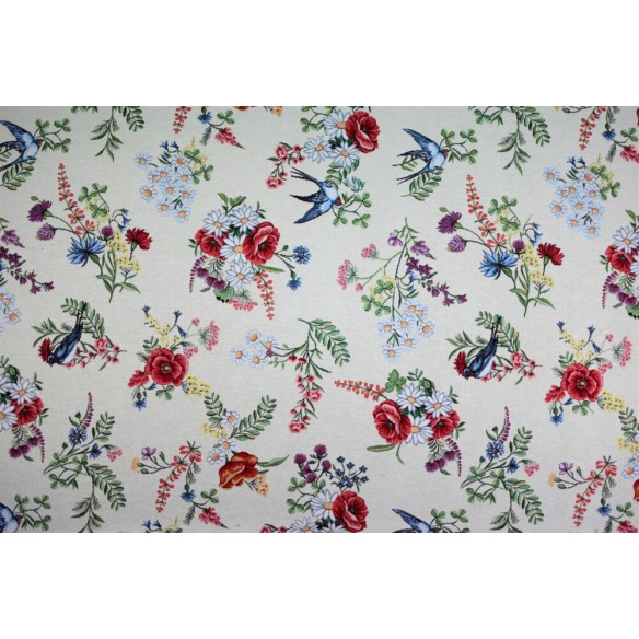 Tejido Jacquard con flores silvestres y golondrinas. Chamomille. Ancho 140