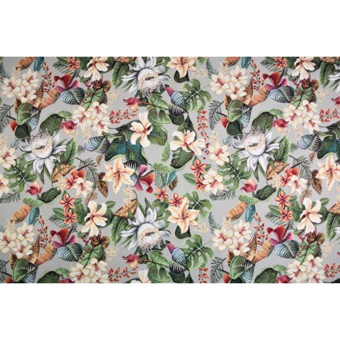 Tejido Jacquard con flor fondo gris LOTUS. Ancho 140.