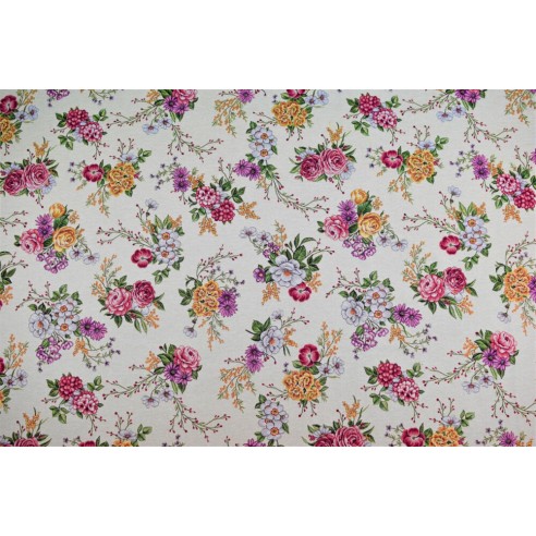 Tejido Jacquard con flores y fondo beig Xana. Ancho 140
