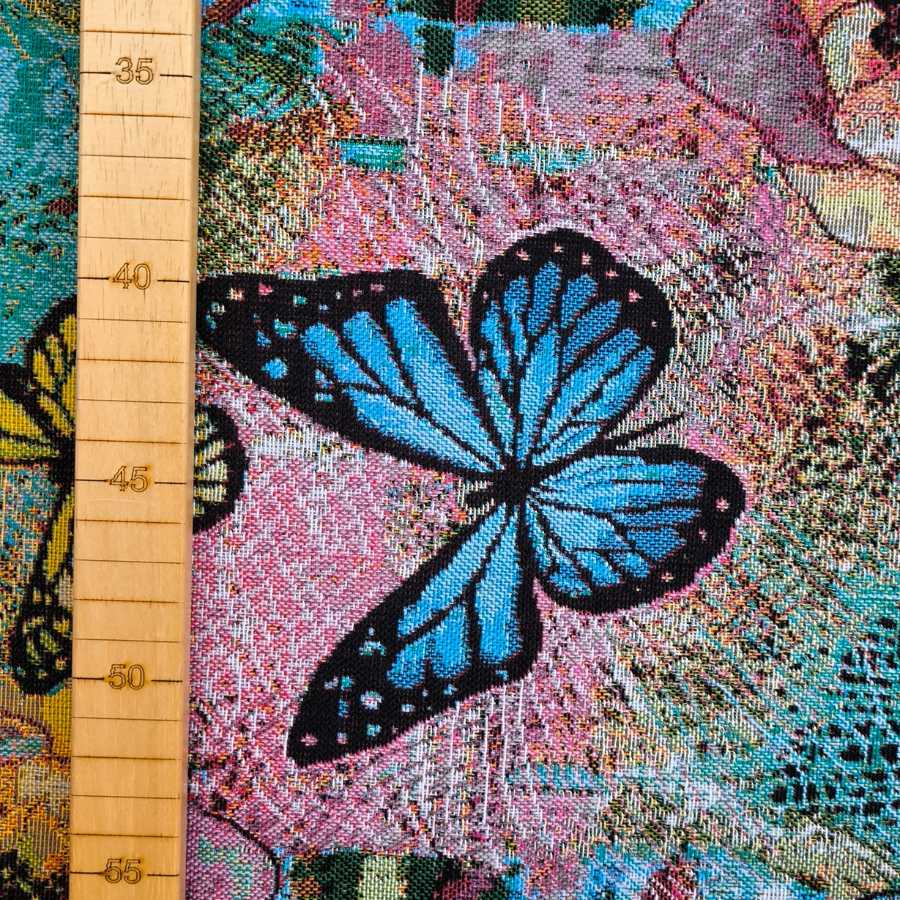 Tela a metros aquamarina mariposas multicolor y fondo azul con medida 7