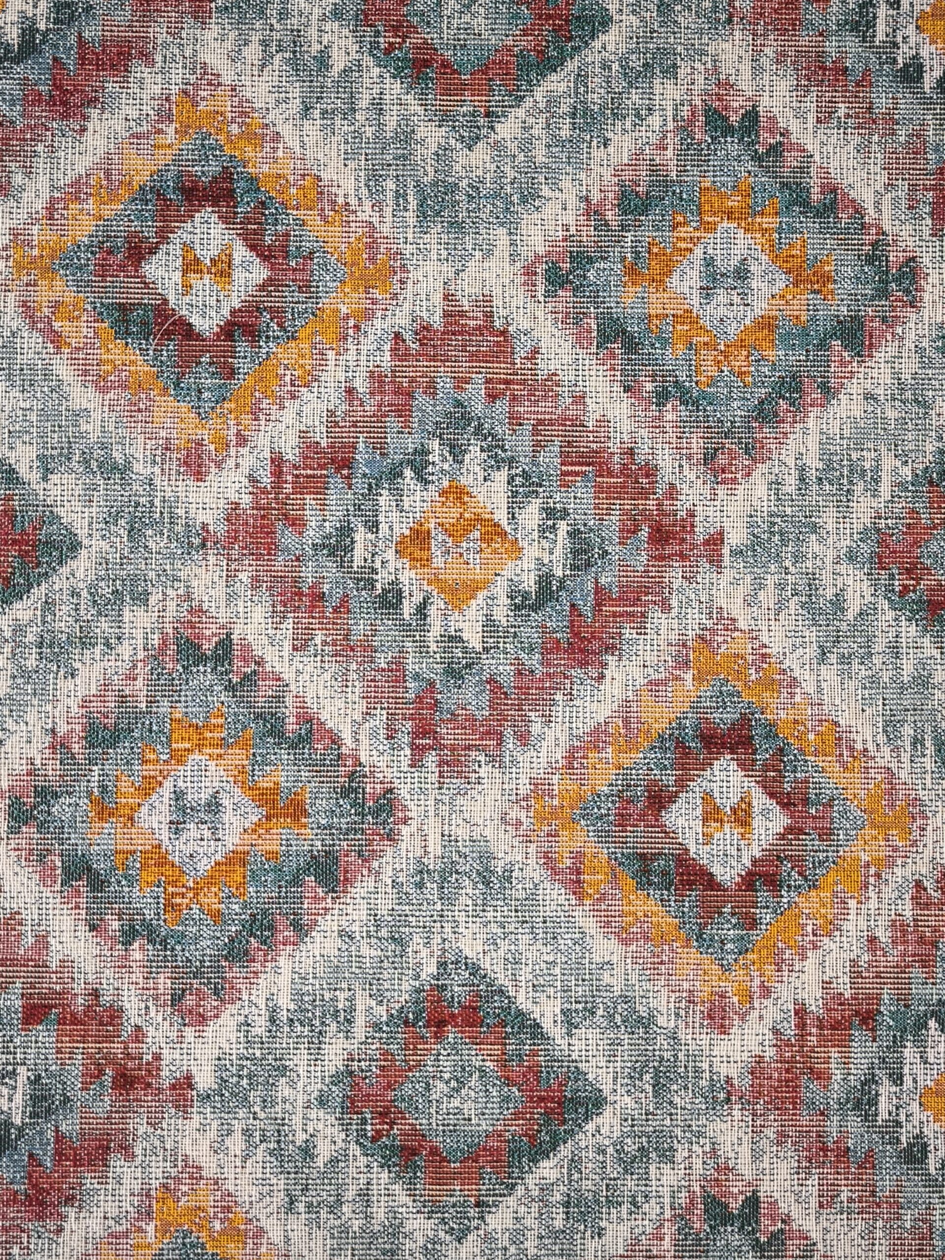 Tela a metros LOSANGO ikat con motivos geometricos rojos verdes y amarillos 02